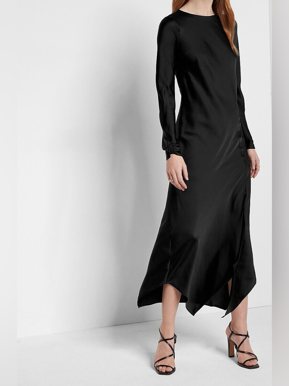 NWT Express Black Satin Long Sleeve Asymmetrical Hem Maxi Dress